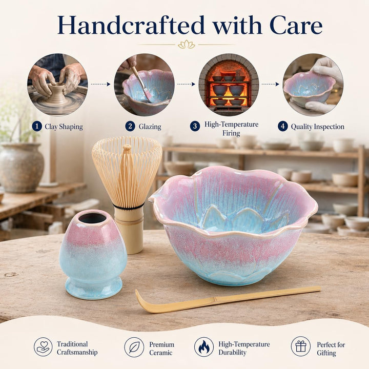 Matcha Set 5-teilig, Matcha Schale mit Ausgiesser in Blumenform Blau Rosa, Chasen, Bambusbesen, Chas