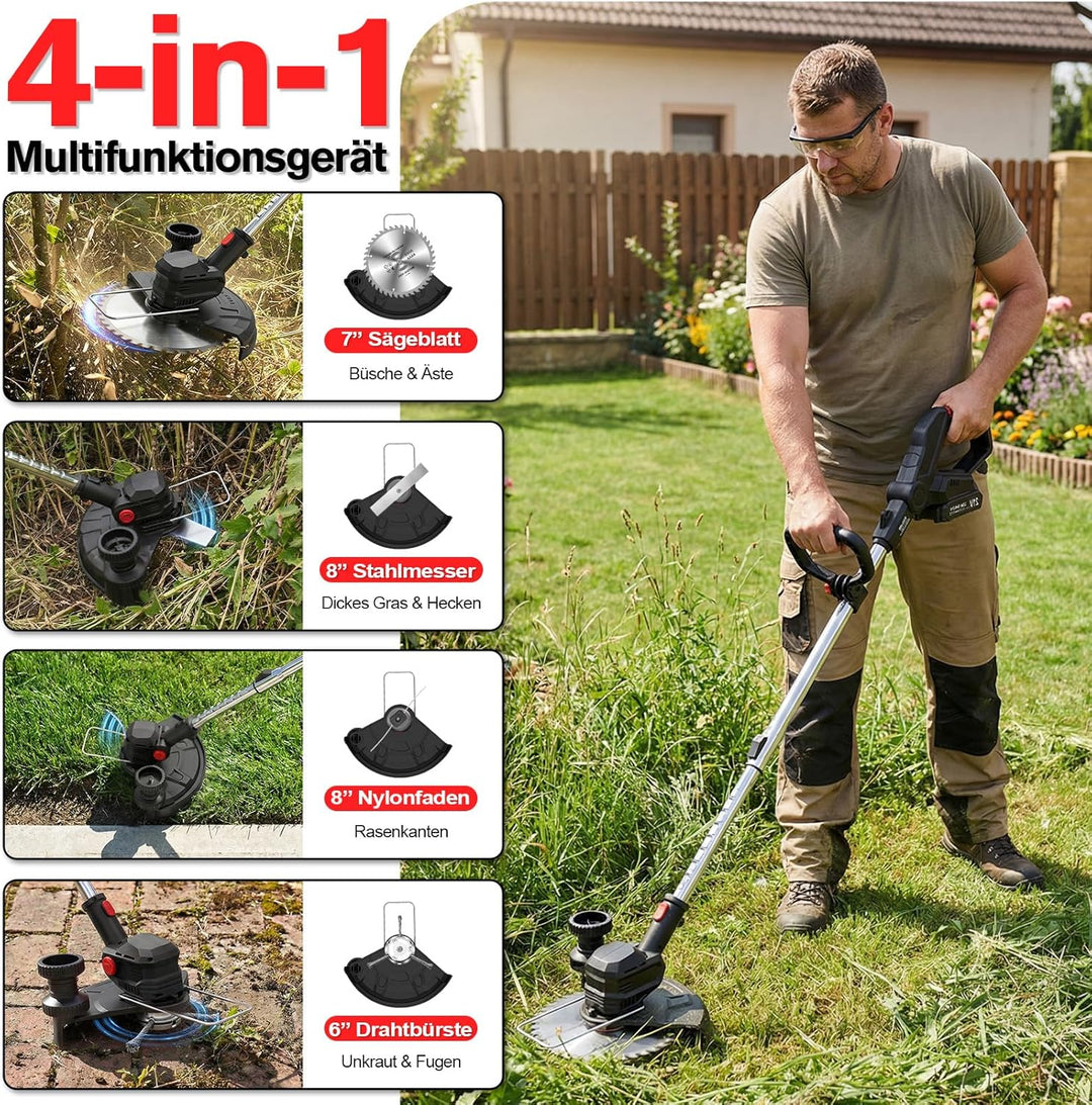 Rasentrimmer mit Akku 21V, 4-in-1 Freischneider & Motorsense 24000 RPM, Rasenkantenschneider inkl. 2