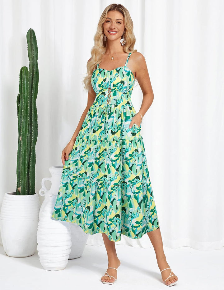 GRACE KARIN Damen Sommerkleid A-Linie Blumenkleid Casual Strandkleid Trägerkleid Midi Boho Kleid Fre