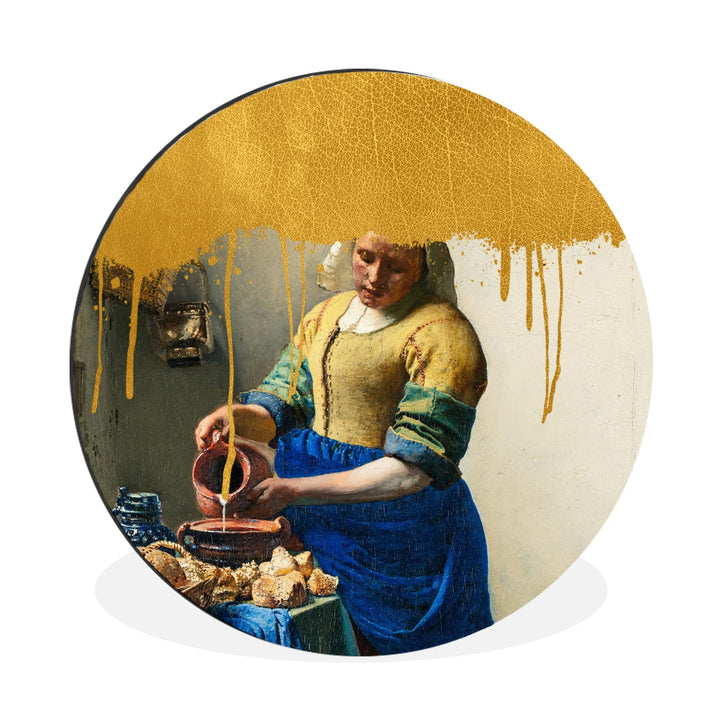 MuchoWow Wandbild Rund Wanddeko Deko Wohnzimmer Bilder 90x90 cm Milchmädchen - Gold - Vermeer, 90x90