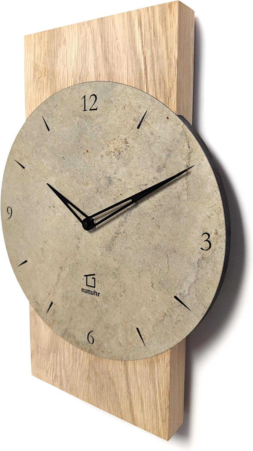 Natuhr Schiefer Wanduhr - Zugspitze - Holz Eiche Schiefer Stein geräuscharm Made in Germany (Heller