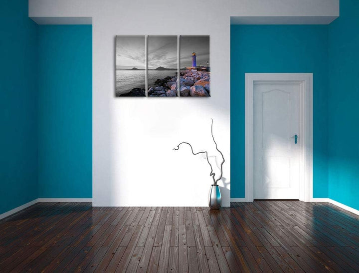 Romantischer Leuchtturm bei Ebbe schwarz/weiss 3-Teiler Leinwandbild 120x80 Bild auf Leinwand, XXL r