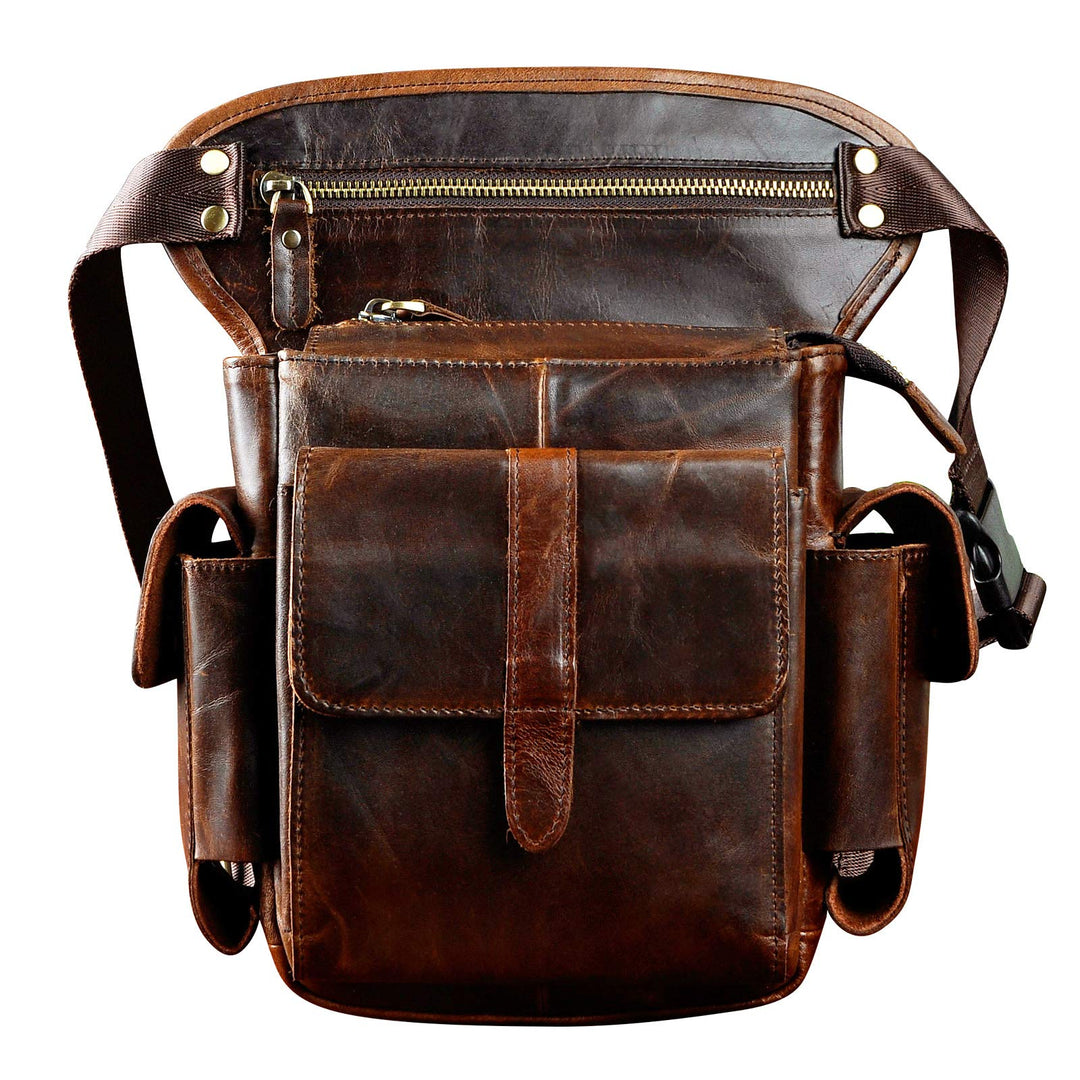 Le'aokuu Herren Echtes Leder Hüfttasche Gürteltasche Bauchtasche Reissverschluss Motorrad Messenger