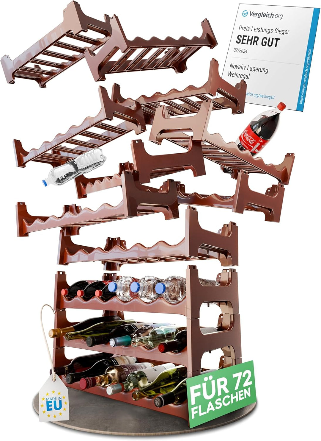 Novaliv Flaschenregal für 72 Flaschen | Weinregal braun | Regal aus stabilem Kunststoff, stapelbar (