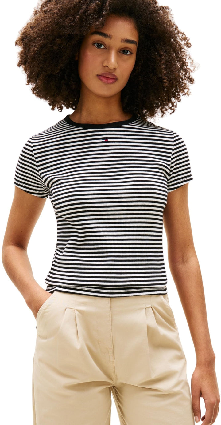 Tommy Jeans Damen T-Shirt Kurzarm Essential Rib Slim Fit XS Black (Black / Ecru Stripe), XS Black (B