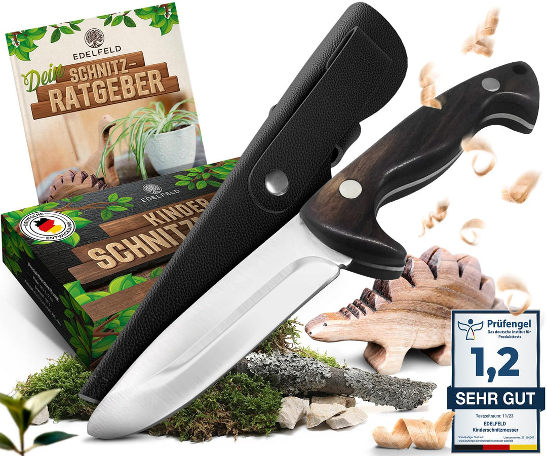 EDELFELD - Das Original - Schnitzmesser Kinder ab 6 Jahre - Sicheres Taschenmesser Kinder mit Finger
