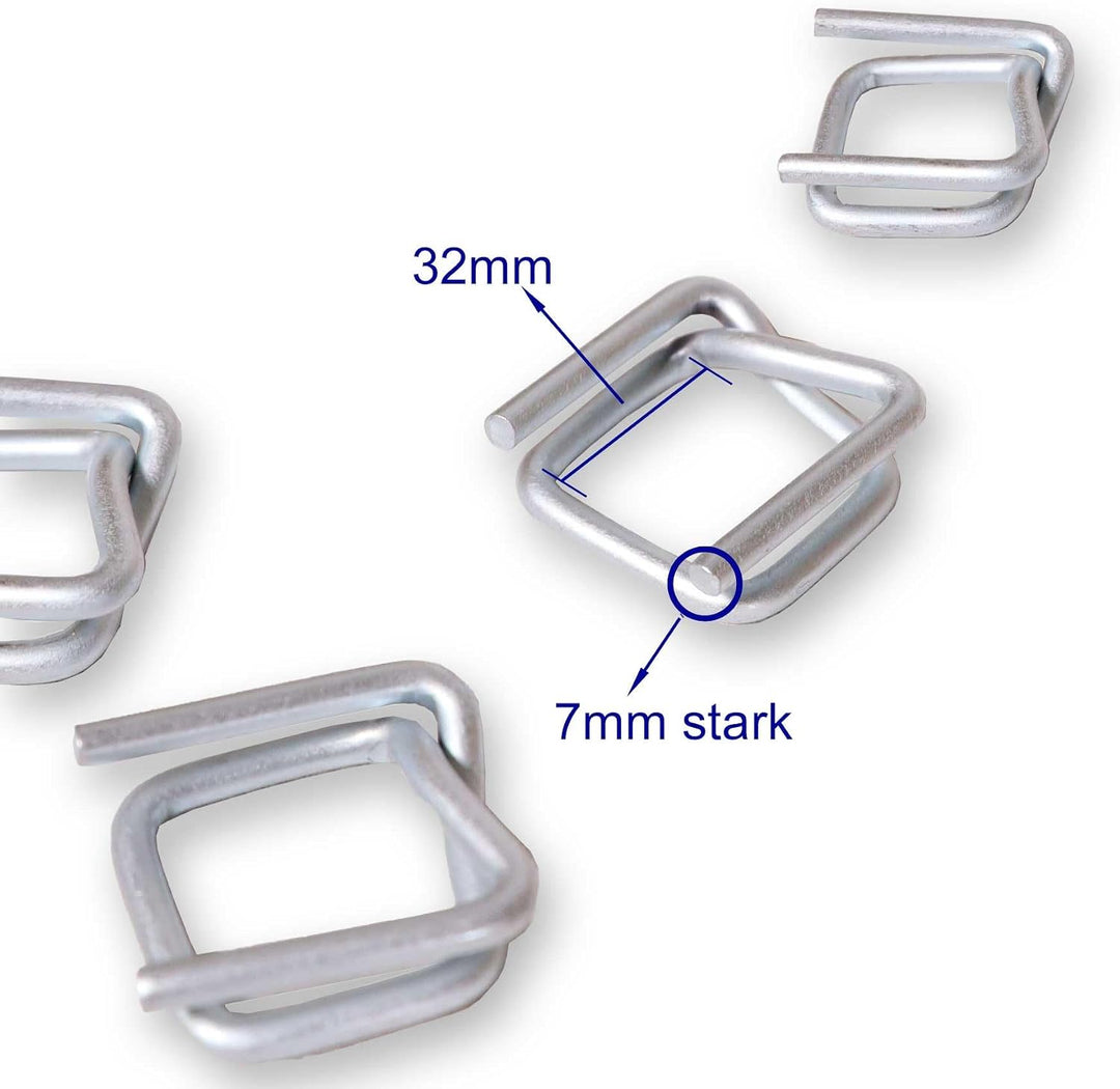 300 Stück 32mm Drahtverschlussklemmen | verzinkt | für 32mm Umreifungsband/Kraftband | Metallschnall