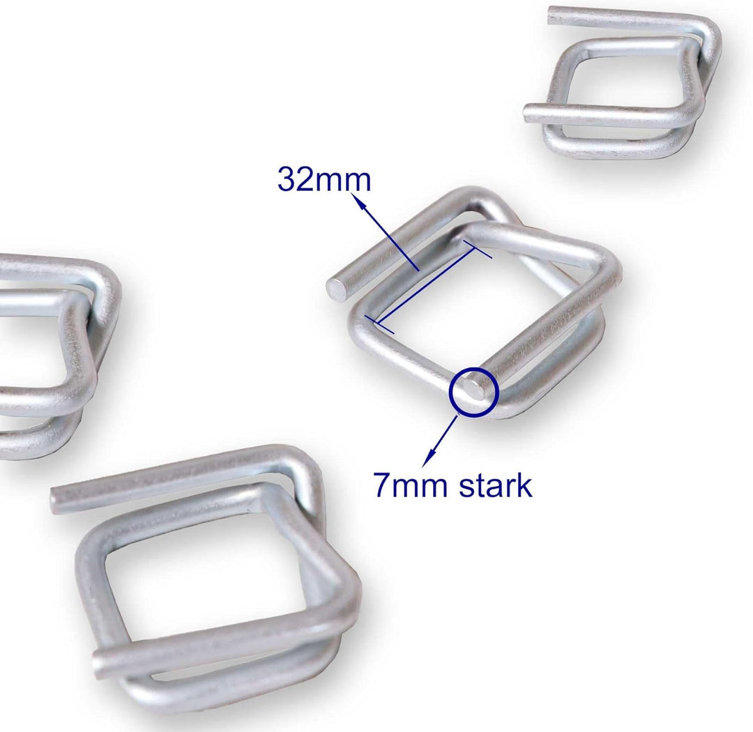 100 Stück 32mm Drahtverschlussklemmen | verzinkt | für 32mm Umreifungsband/Kraftband | Metallschnall