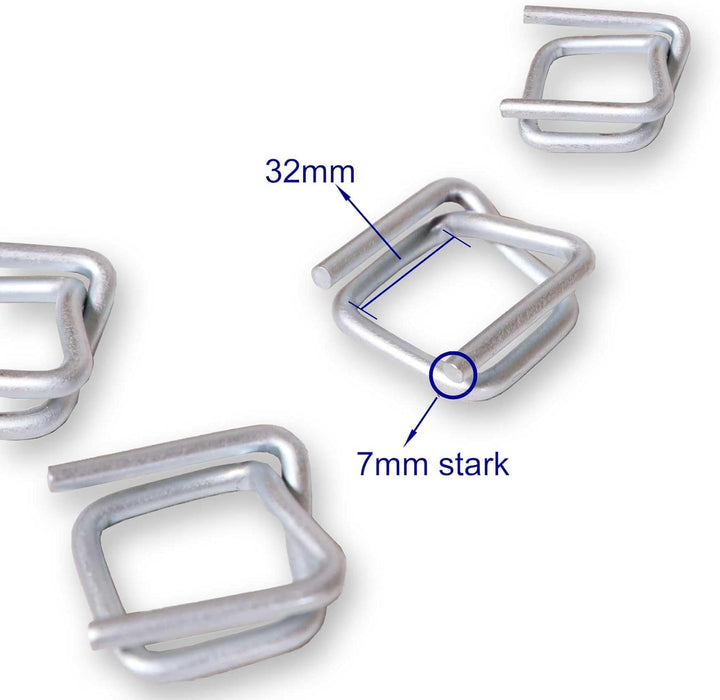 100 Stück 32mm Drahtverschlussklemmen | verzinkt | für 32mm Umreifungsband/Kraftband | Metallschnall