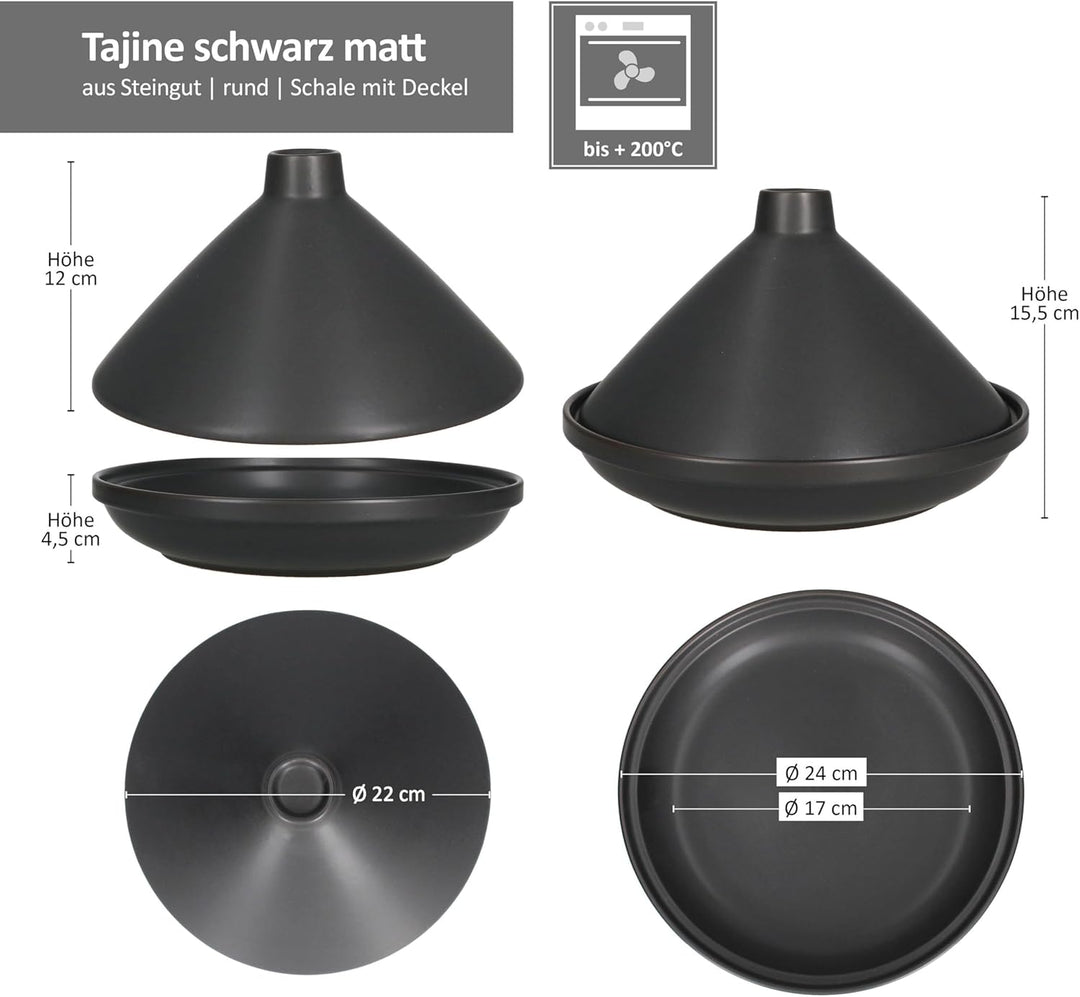 MamboCat Tajine aus Steingut matt schwarz I orientalische Schmorform mit Deckel I moderne Servier- &