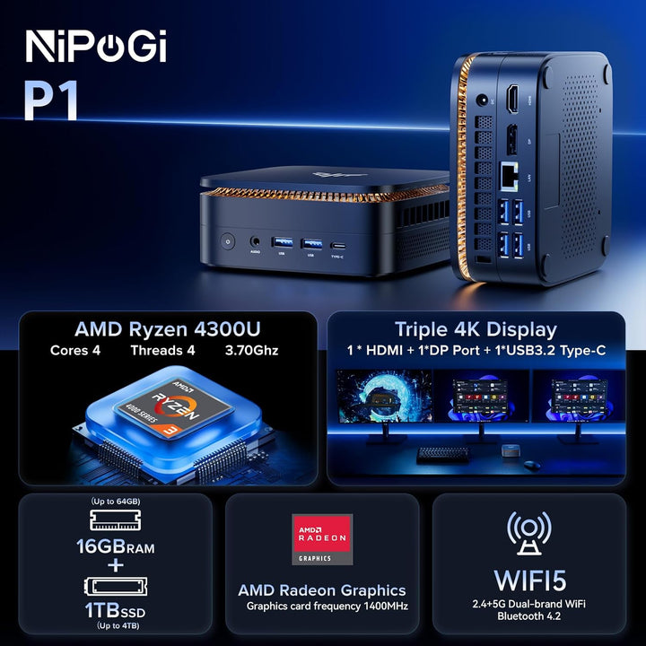 NiPoGi AK1PLUS Mini PC Ιntel Alder Lake Ν97(Bis zu 3,6GHz,4C/4T)16GB DDR4/1024GB M.2 SSD,Mini Comput