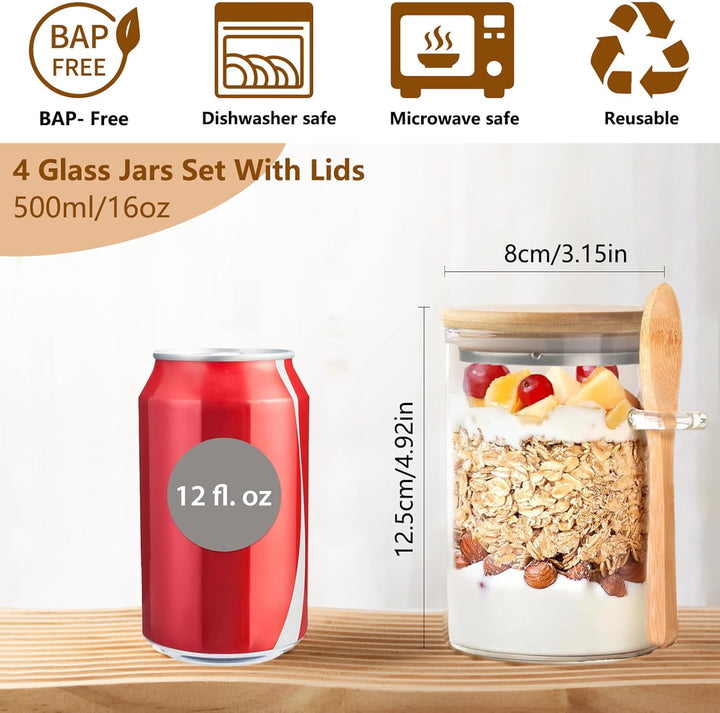 YBCPACK 4 Stück Overnight Oats Gläser 500ml, Vorratsgläser mit Bambusdeckel & Löffel, auslaufsichere