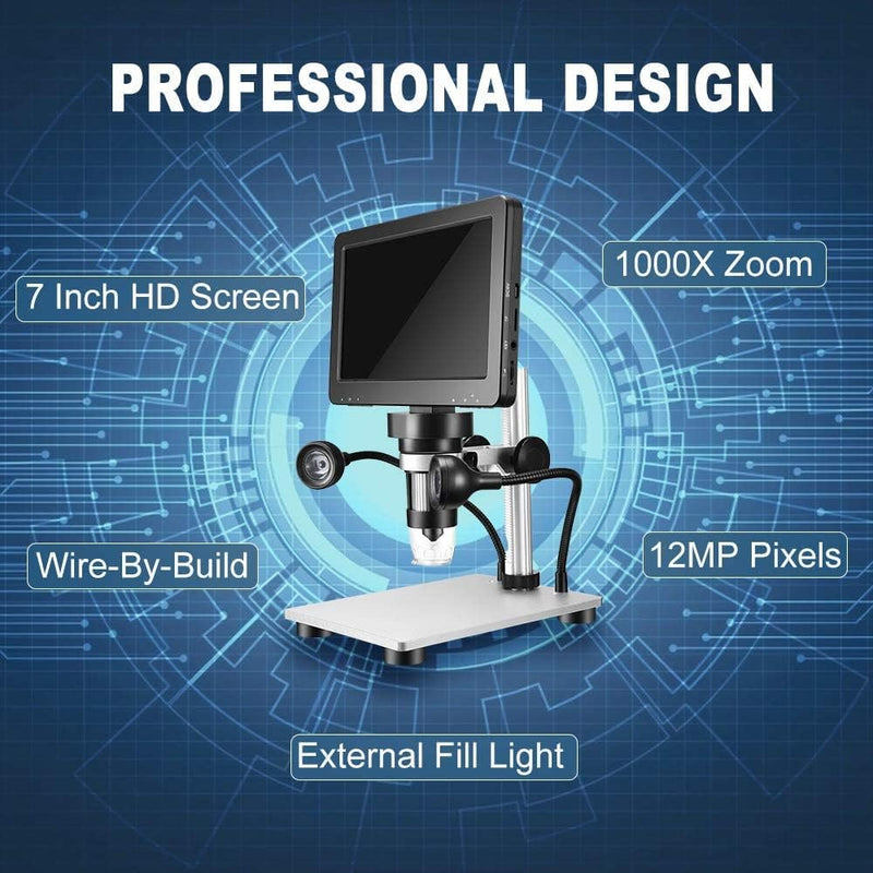 Professionelles Mikroskop 7 Zoll 1200 x 12 MP Digitales Mikroskop mit drehbarem HD-Display/8 LED-Leu