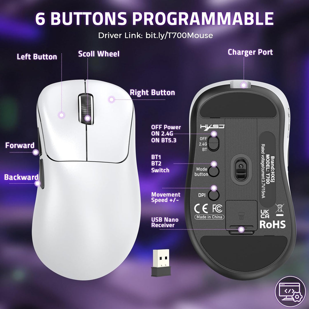 LexonElec HXSJ T700 Ultra-Light Wireless Gaming Mouse, Ergonomischer Formfaktor für Rechtshänder, BT