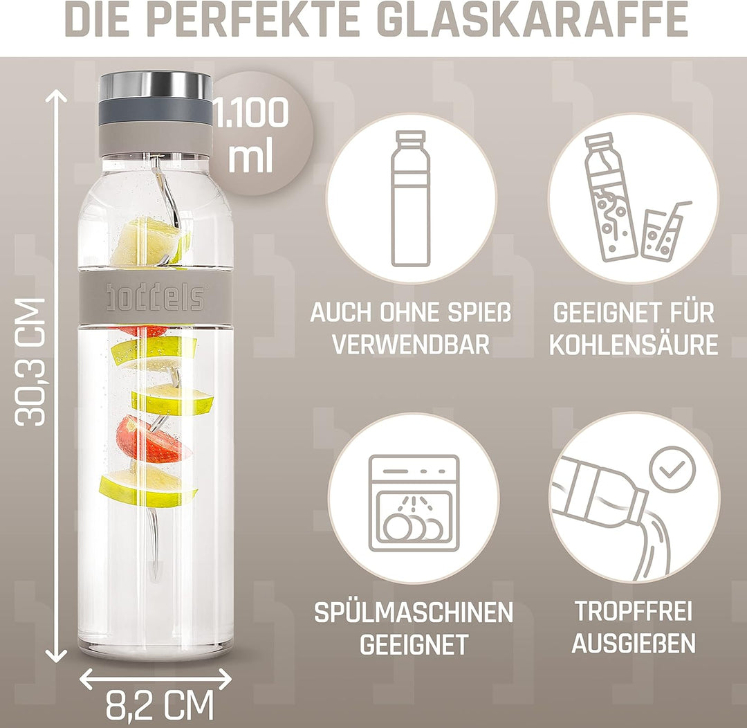 boddels Glaskaraffe mit Deckel und Sieb 1.100ml, rutschfester Griff, Glaskaraffe mit Fruchteinsatz,