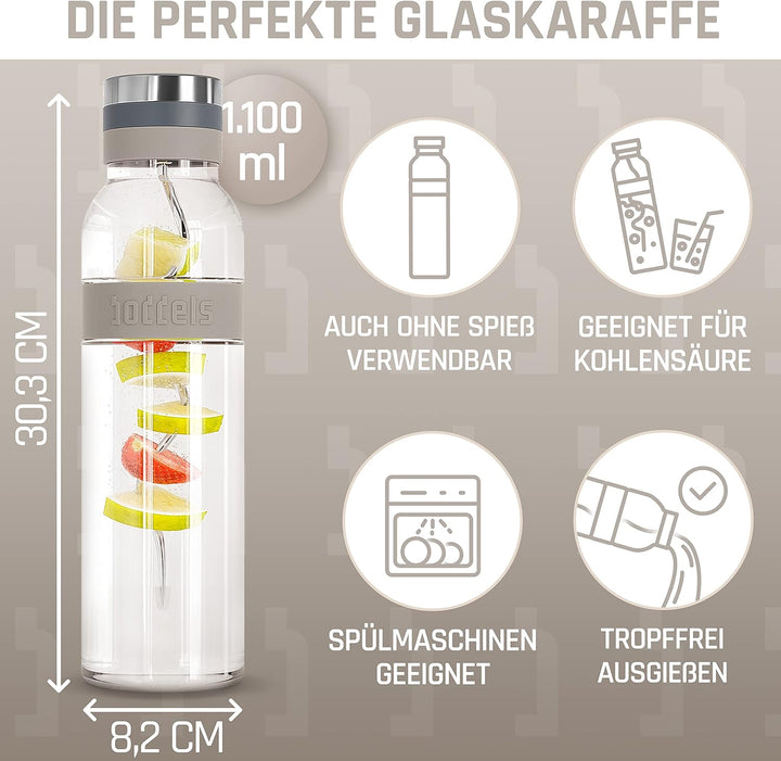 boddels Glaskaraffe mit Deckel und Sieb 1.100ml, rutschfester Griff, Glaskaraffe mit Fruchteinsatz,