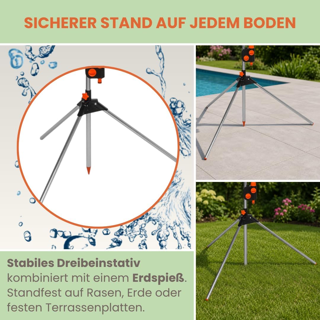 Verstellbare Gartendusche mit 3 Funktionen Höhe 150–210 cm | Tragbare 3in1 Aussendusche mit Alu-Drei