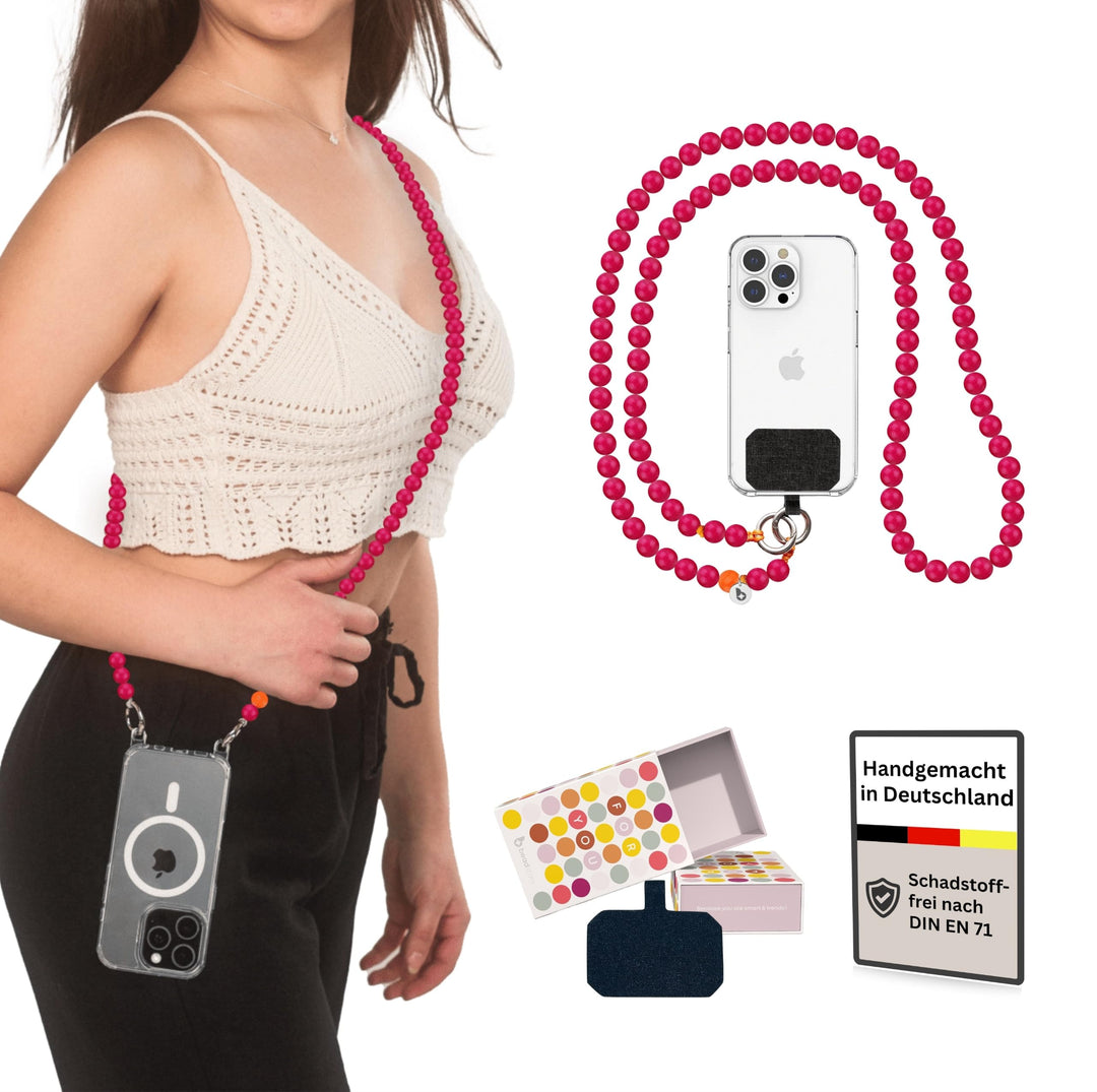 beadstars® Handykette Perlen lang inkl. Patch– handmade in Deutschland | Längen 120cm, 130cm, 140cm