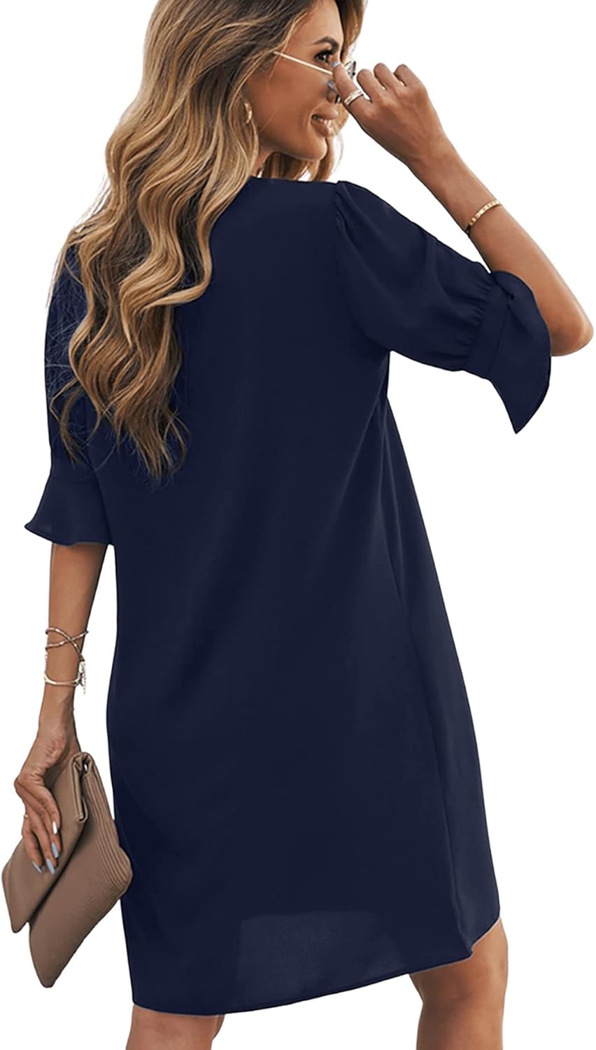 Famulily Frauen V-Ausschnitt Halbarm Hemdkleid Elegant Sommer Casual Einfarbig Kurzes Kleid S-XXL XX