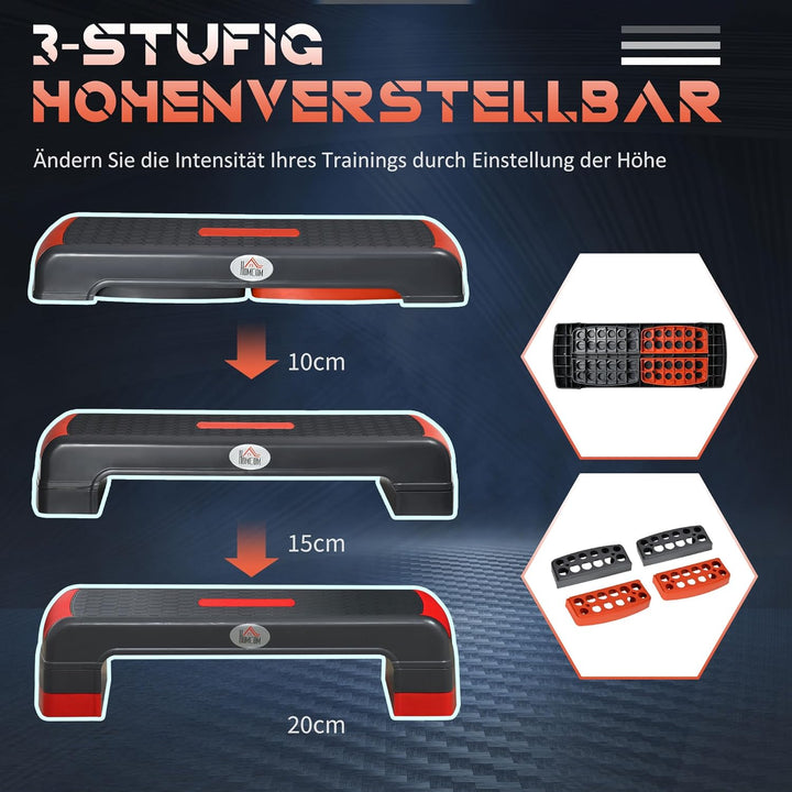 HOMCOM Aerobic-Stepper Steppbrett höhenverstellbar Fitness Heimtrainer mit 3 Stufen (10/15/20 cm) In