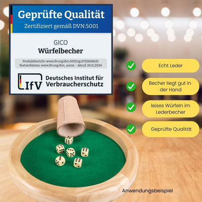 GICO Leder Würfelbecher Standard (9 cm) mit 6 Würfeln im 5er Set - 5902-5