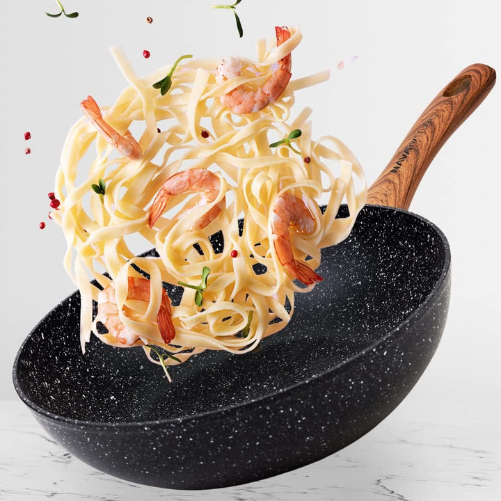 NAVA Wok aus Aluminium, antihaftbeschichtet, für Induktion, Holzgriff, Durchmesser 28 cm