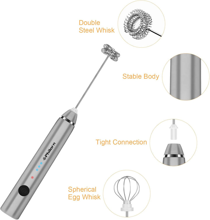 Philorn Milchaufschäumer Stab, Milchaufschäumer Elektrisch Stab Hand Held, 3-Gang USB Aufladbar Aufs