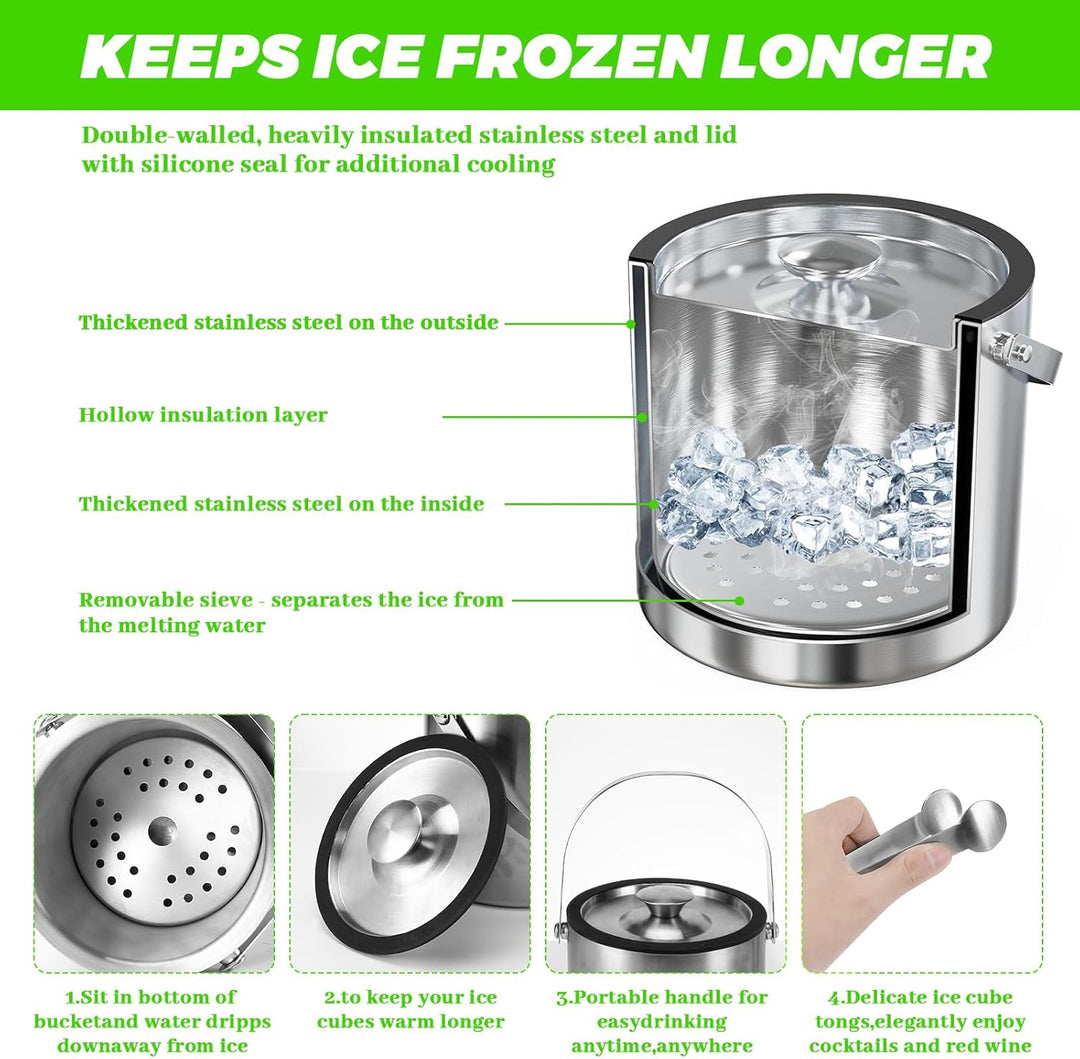 Sprifityy Edelstahl Eiskübel,mit Deckel und Zange,Doppelwandig Isoliert Edelstahl Eiswürfelbehälter,