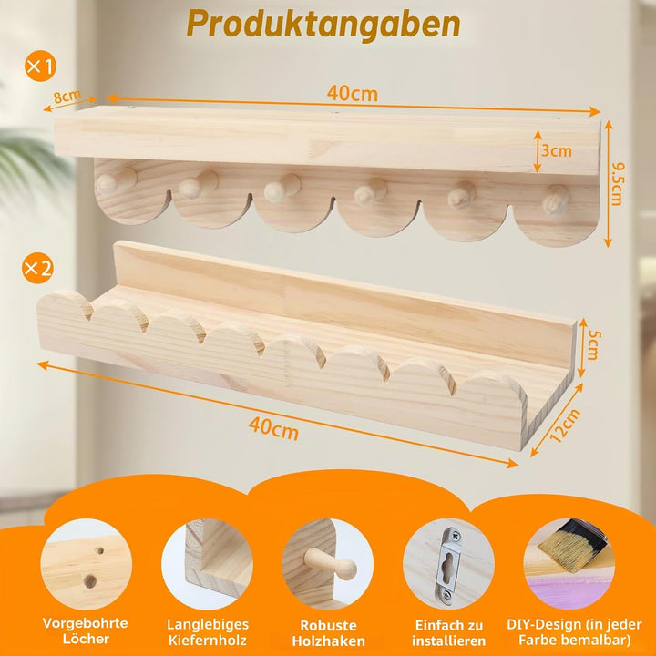 Wandregal Holz Kinderzimmer, 3PCS Bücherregal Kinder Wand mit Holzhaken,Schweberegal ideal für Büche