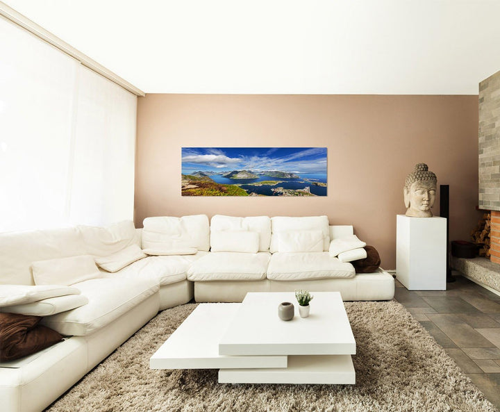 Paul Sinus Art Panoramabild auf Leinwand und Keilrahmen 150x50cm Norwegen Lofoten Berge Wasser Wolke
