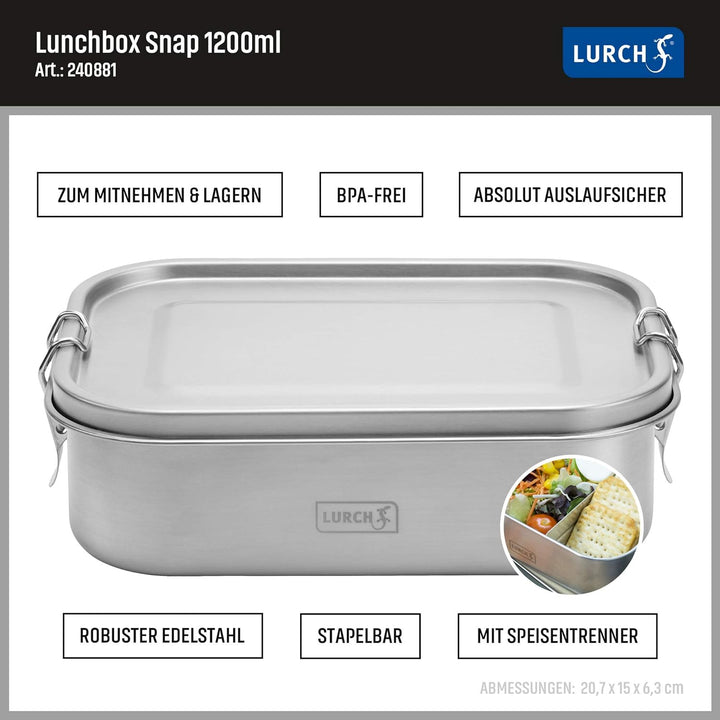 Lurch 240882 Lunchbox Snap aus Edelstahl 100% auslaufsicher 1400ml, 18/8, 1400ml