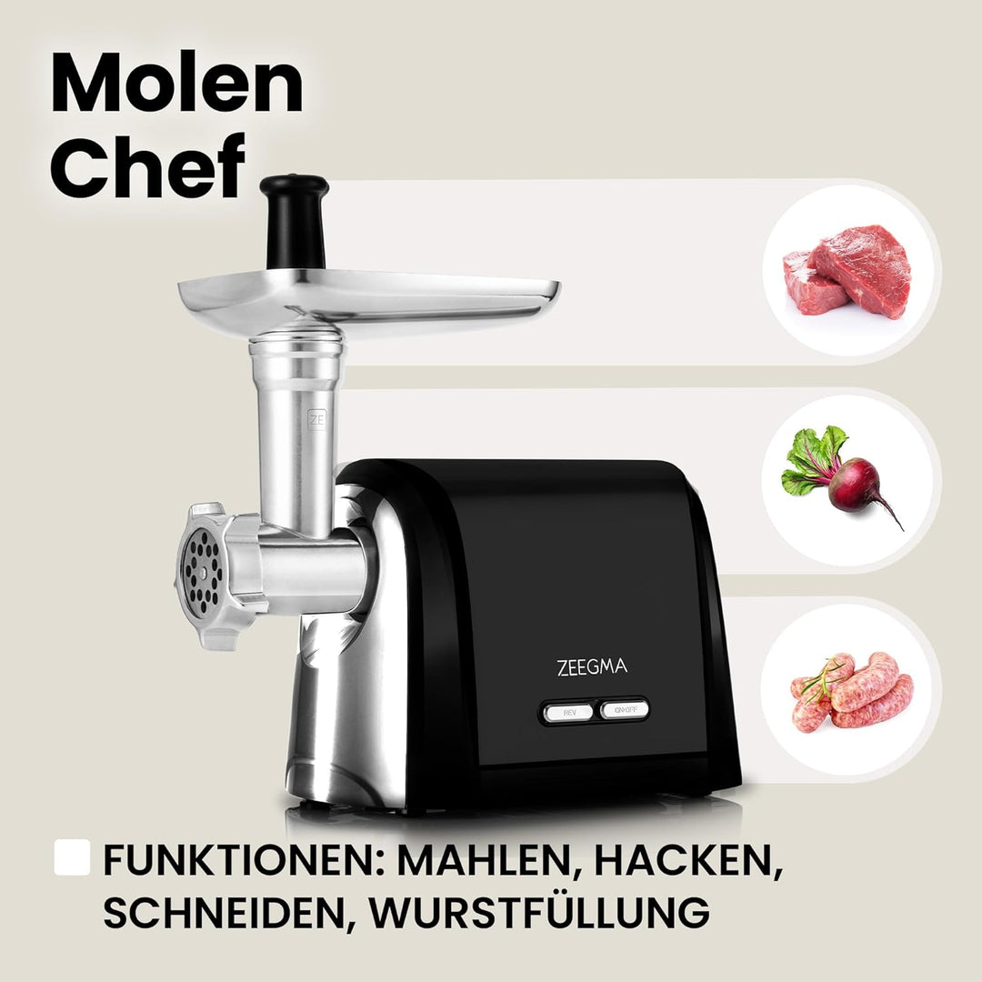ZEEGMA Molen Chef Elektrischer Fleischwolf, 1900 W mit 3 Schleifplatten aus Edelstahl, 3 kg/min, Wur
