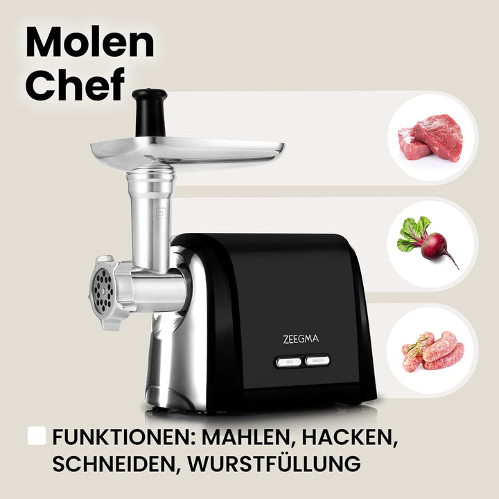 ZEEGMA Molen Chef Elektrischer Fleischwolf, 1900 W mit 3 Schleifplatten aus Edelstahl, 3 kg/min, Wur