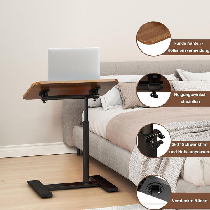 Beistelltisch mit Rollen Höhenverstellbar, 360°Drehbar C Form Couch Beistelltisch, Holz Mobiler Lapt