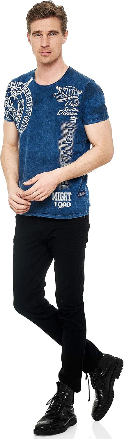 T-Shirt Herren Kurzarm Rundhals Tshirt Printed Shirt Regular Fit Verwaschen Plakativer Druck 232, Fa