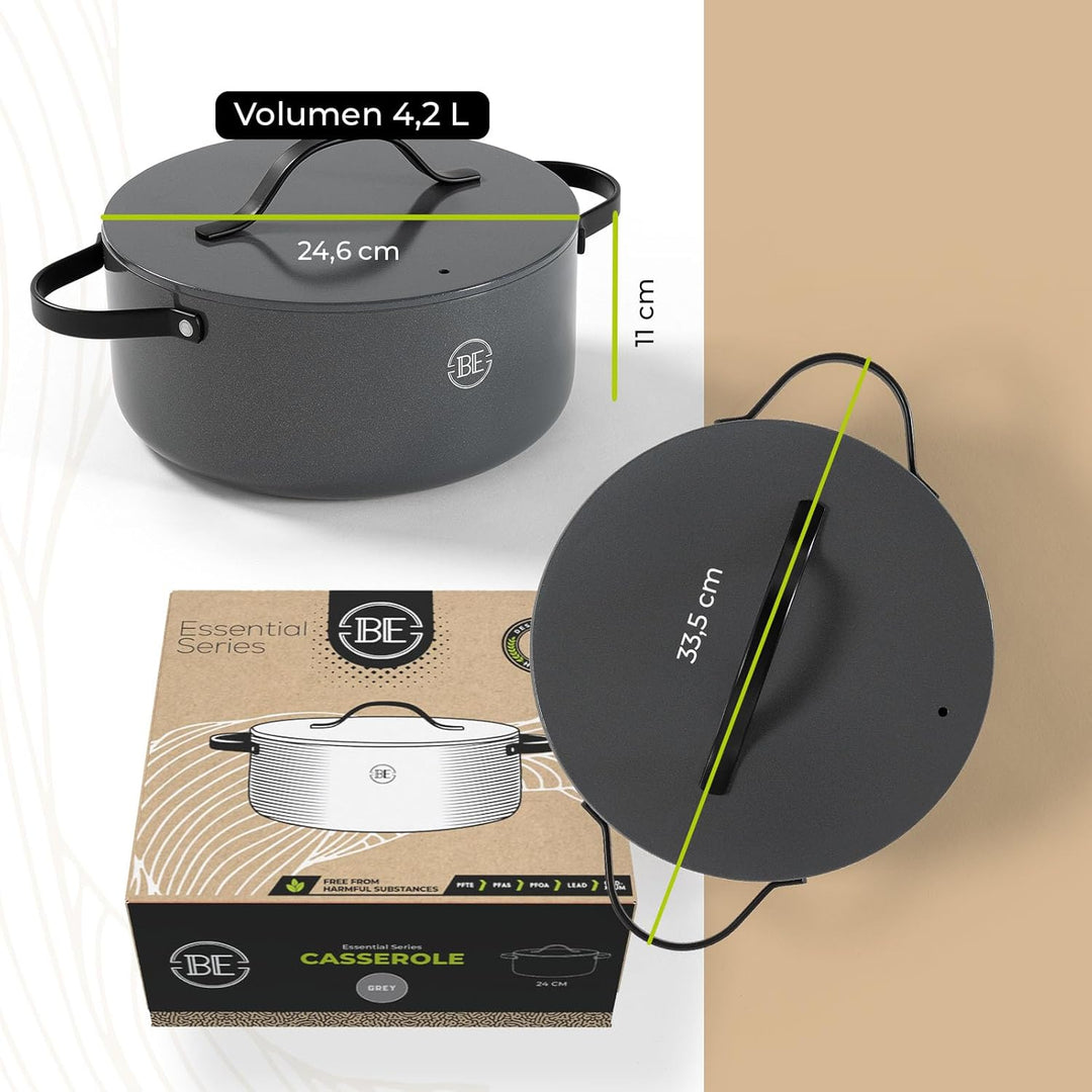 Be Living Essential Kochtopf mit Deckel Ø 24 cm (4 L) Induktion Schmortopf, Non Stick Keramik Antiha