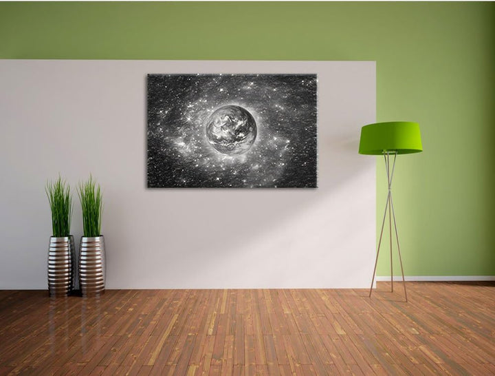 Pixxprint Planet Erde im Weltraum Kunst Kohle Effekt, Format: 100x70 auf Leinwand, 100x70