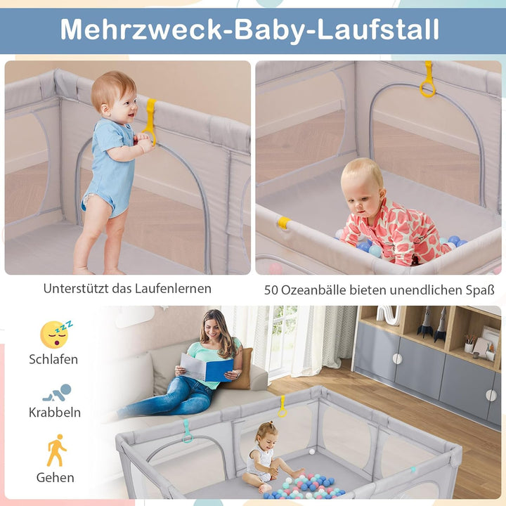 DREAMADE Laufstall Baby, 189 x 158 cm Laufgitter mit 4 Zugringen & 50 Ocean Bällen & Tragetasche, Gr