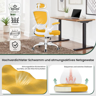 KERDOM Bürostuhl Schreibtischstuhl Ergonomisch mit Verstellbarer Kopfstütze 9060H-C Gelb, 9060H-C Ge