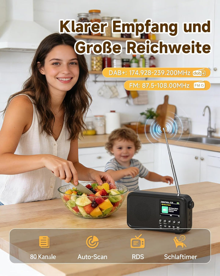 Roxicosly Tragbares DAB/DAB+ Radio, 80 Voreingestellte, UKW Digital Radio mit 3000-mAh Akku, Küchenr