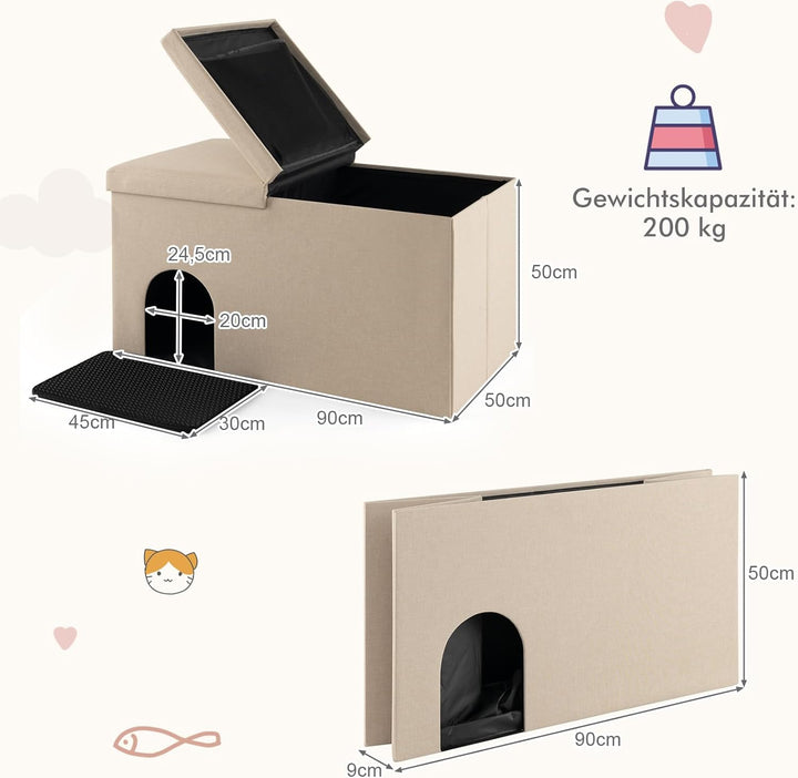 GYMAX Katzenhöhle, 3 in 1 Katzenmöbel als Katzenhaus, Sitzbank & Katzentoilette, Schuhbank mit Matte