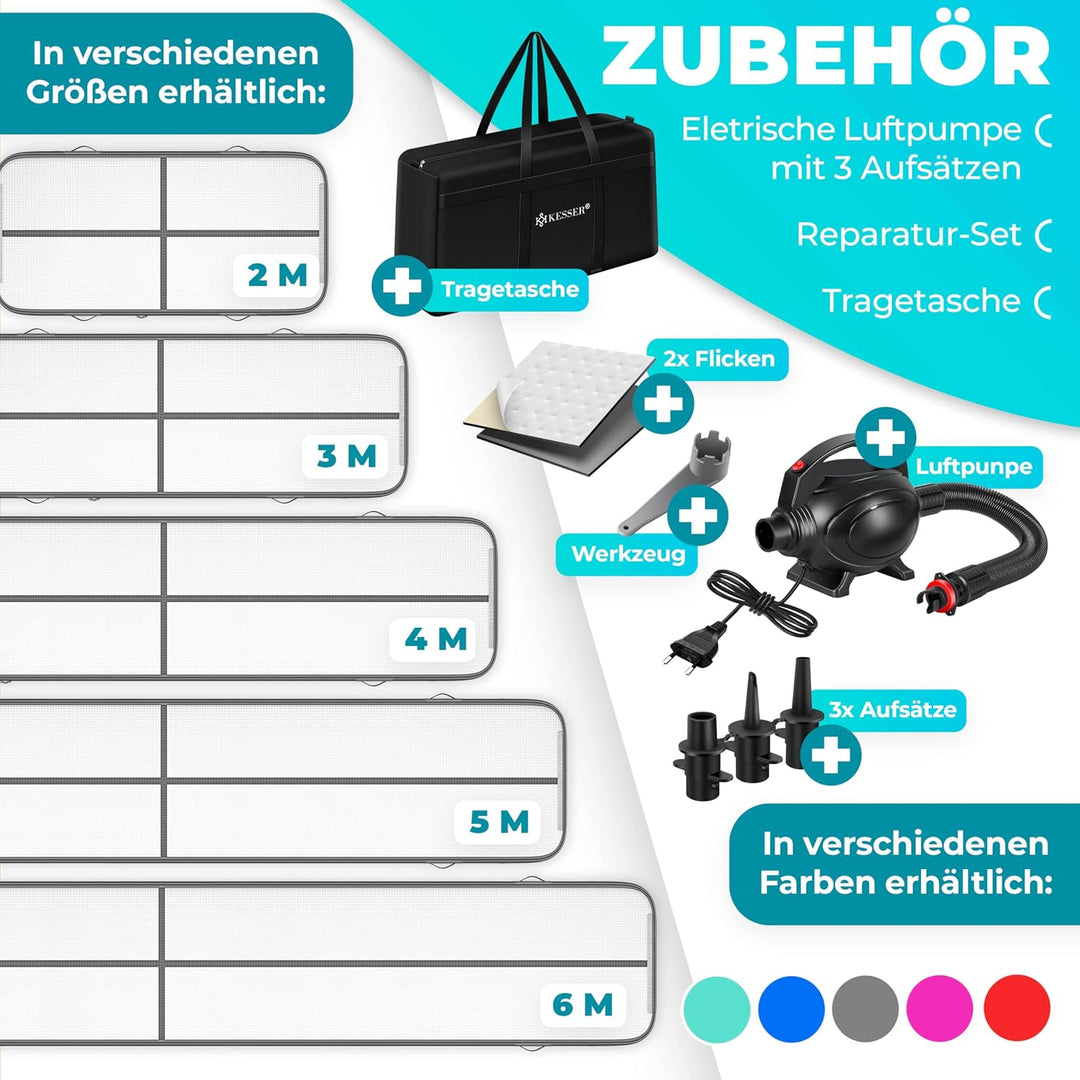 KESSER® Turnmatte Aufblasbar Airtrack Fitness-Matte Gymnastikmatte | inkl. Tragetasche &amp; elektr. Luf