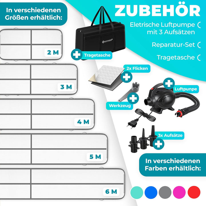 KESSER® Turnmatte Aufblasbar Airtrack Fitness-Matte Gymnastikmatte | inkl. Tragetasche &amp; elektr. Luf