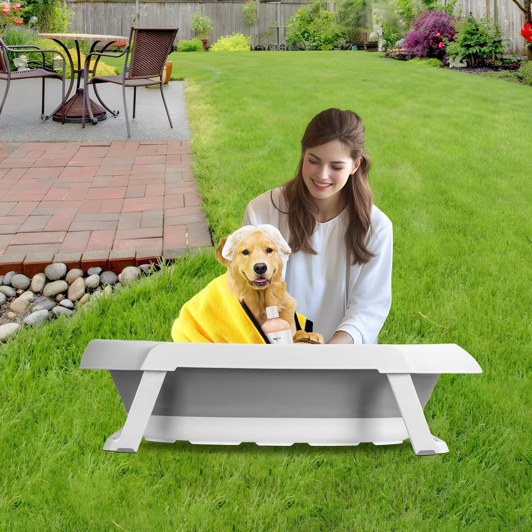 2-in-1 Faltbare Haustierbadewanne mit Ständer, tragbare Hundebadewanne aus Kunststoff mit Abflussloc
