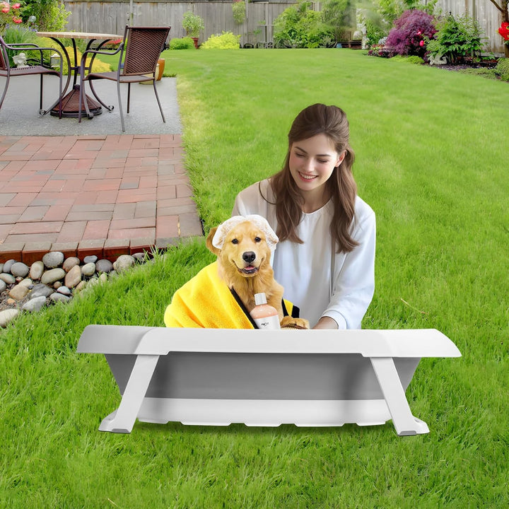 2-in-1 Faltbare Haustierbadewanne mit Ständer, tragbare Hundebadewanne aus Kunststoff mit Abflussloc