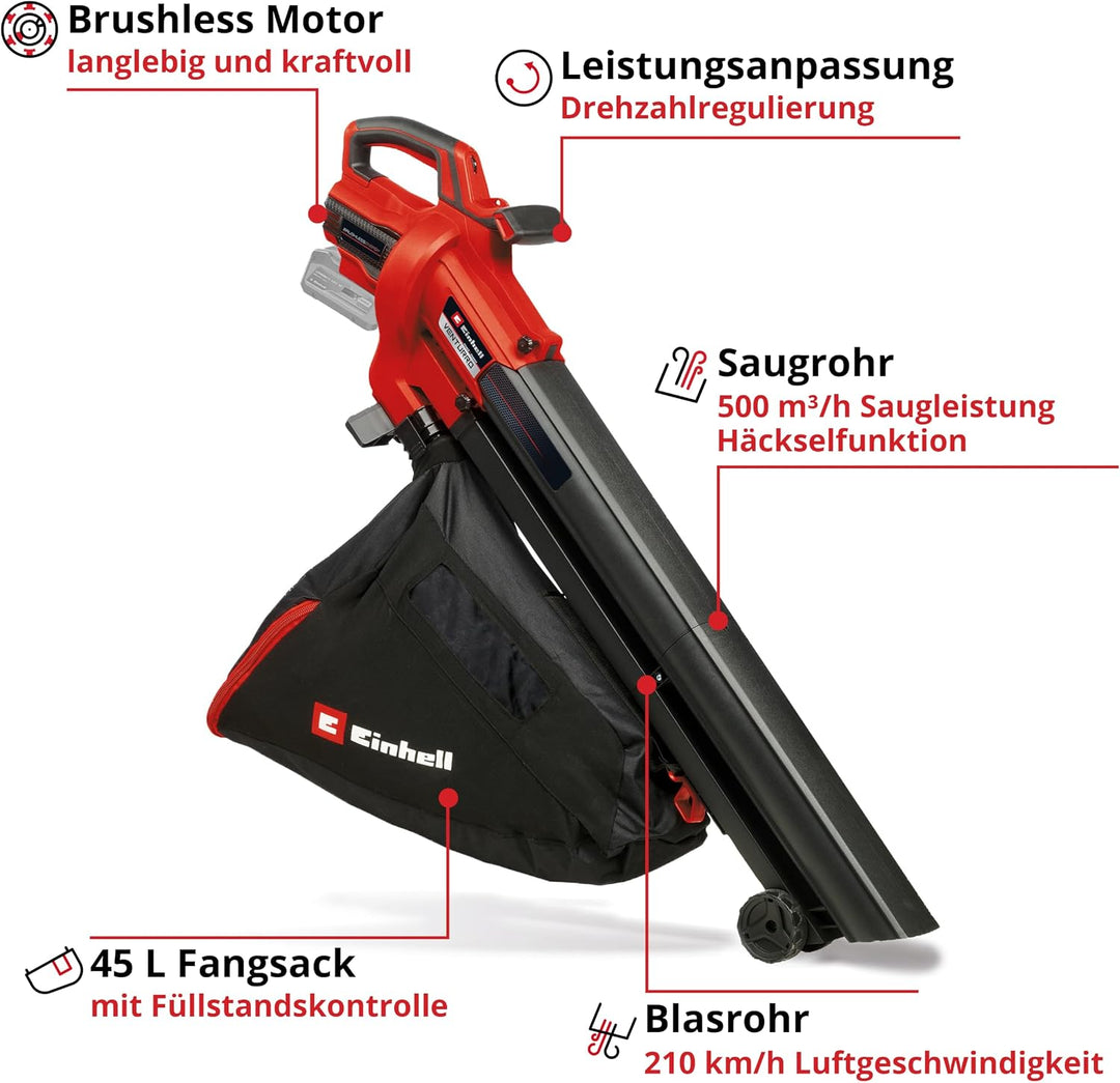 Einhell Akku-Laubsauger VENTURRO 18/210 (1x 4,0 Ah) | PXC | 18 V | Saugleistung 500 m³/h | Fangsack