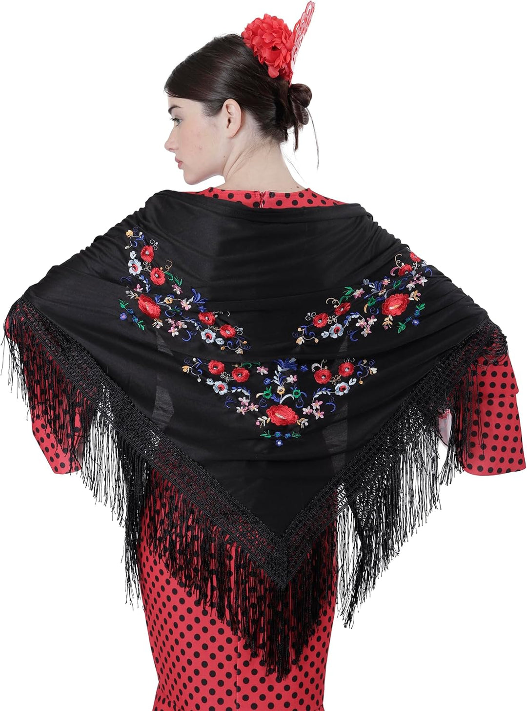 Carnavalife Sevillana Stickerei für Tanzpartys, Flamenco und Ferien, Schwarz / Rot / Weiss, Schwarz