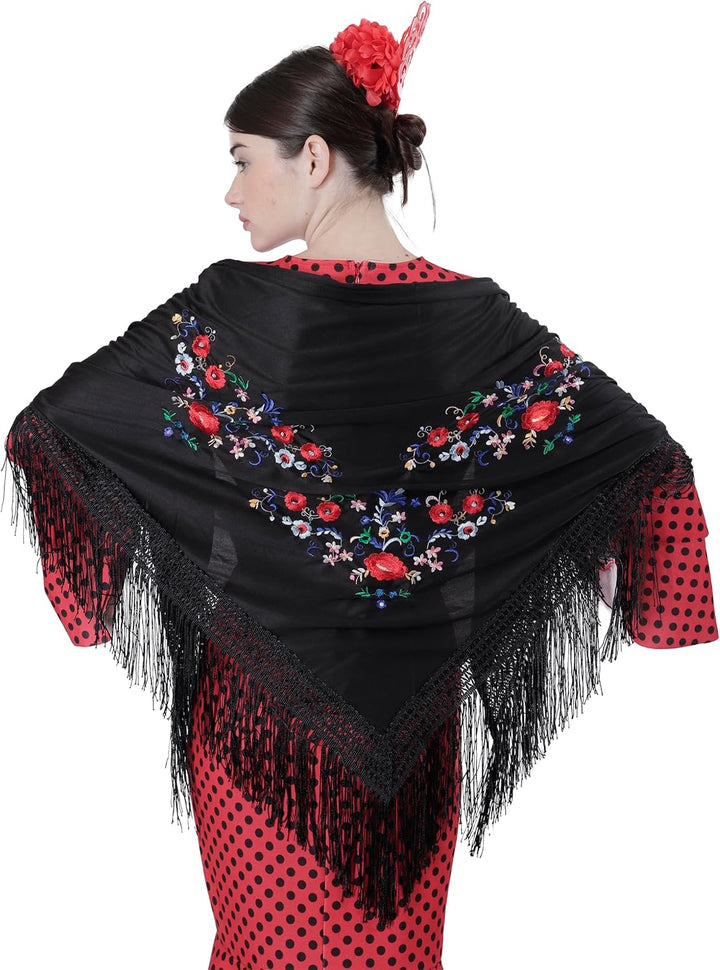 Carnavalife Sevillana Stickerei für Tanzpartys, Flamenco und Ferien, Schwarz / Rot / Weiss, Schwarz