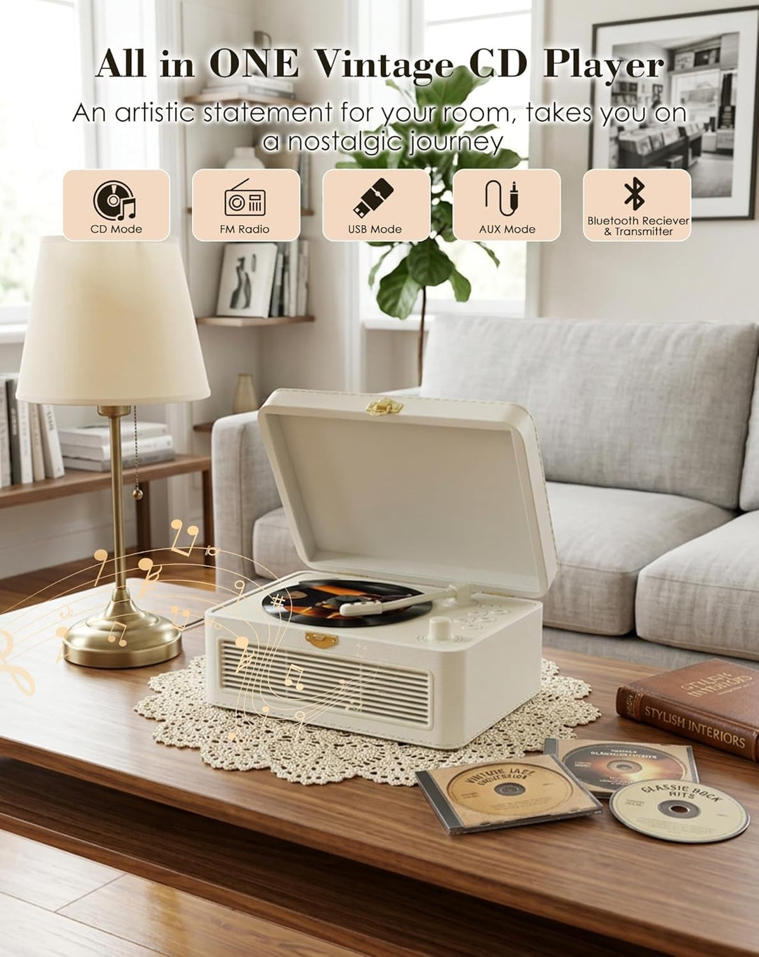 Tragbar CD Player Bluetooth Retro Radio mit CD-Player mit Lautsprecher Unterstützung USB & AUX-Wiede