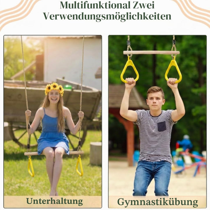 Leogreen Holztrapez mit Turnringen, Klimmzugstange für Fitness & Training im Freien, belastbar bis 1